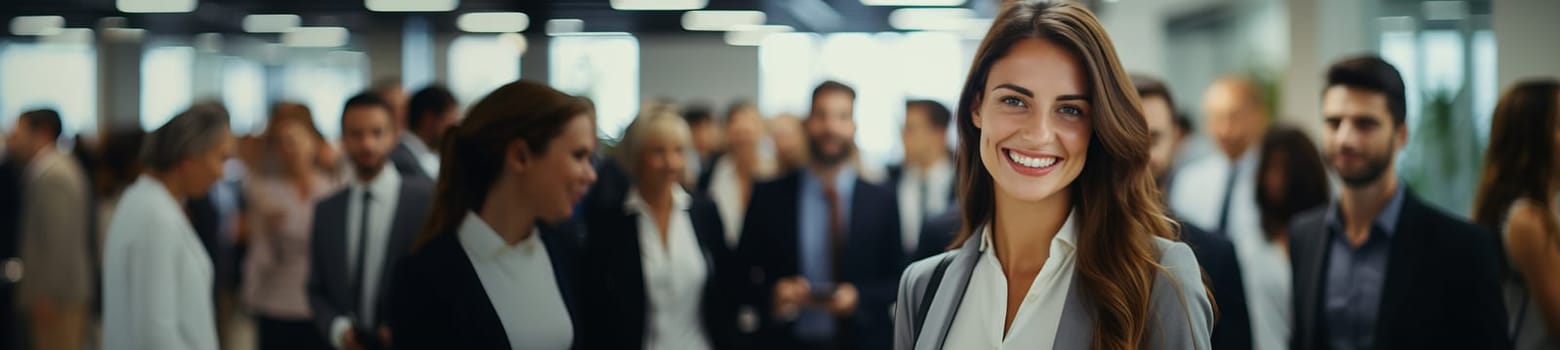 Smiling confident business leader looking at camera and standing in an office at team meeting. Portrait of confident businesswoman with colleagues in boardroom. Posing while holding digital tablet.