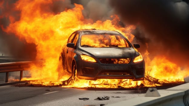 Car on fire. A burning electric vehicle on highway.