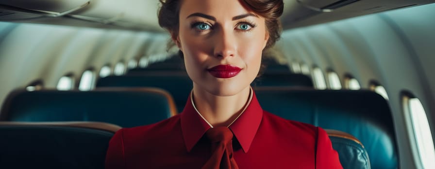 Young and pretty Stewardess with airplane interior in the background