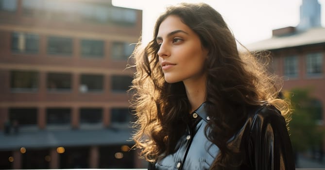 Young woman model in leather jacket on a sunny day in New York.
