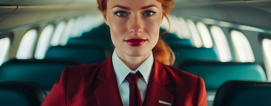 Young and pretty Stewardess with airplane interior in the background