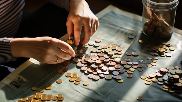 Counting Coins on the table. Closeup.
