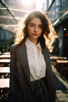 Young woman model in leather jacket on a sunny day in New York.