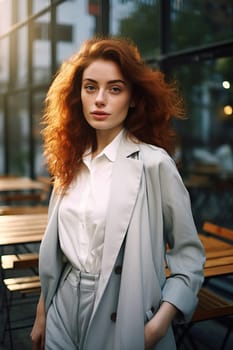 Young woman model in leather jacket on a sunny day in New York.