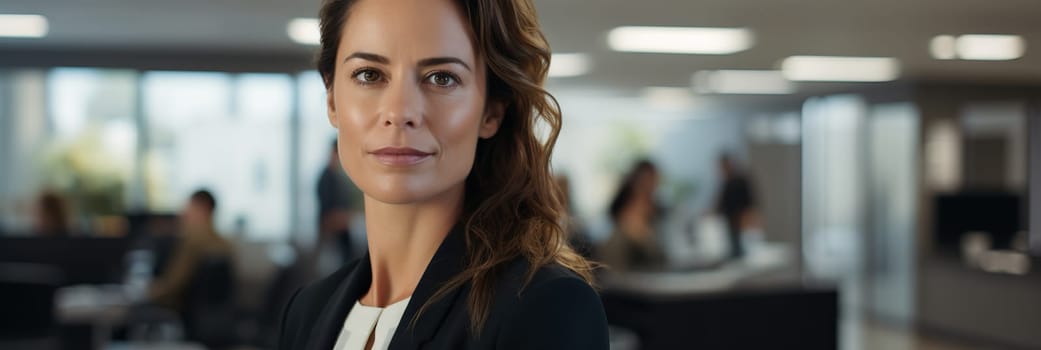 Smiling confident business leader looking at camera and standing in an office at team meeting. Portrait of confident businesswoman with colleagues in boardroom. Posing while holding digital tablet.