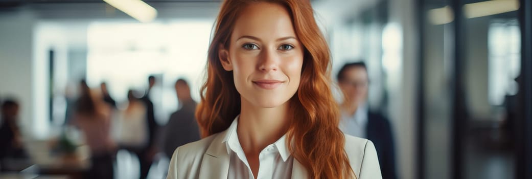 Smiling confident business leader looking at camera and standing in an office at team meeting. Portrait of confident businesswoman with colleagues in boardroom. Posing while holding digital tablet.