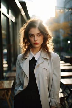 Young woman model in leather jacket on a sunny day in New York.