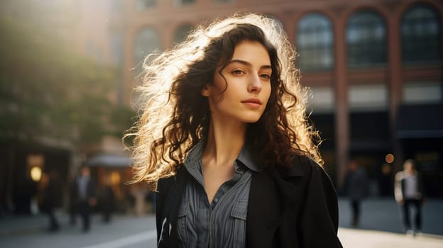 Young woman model in leather jacket on a sunny day in New York.