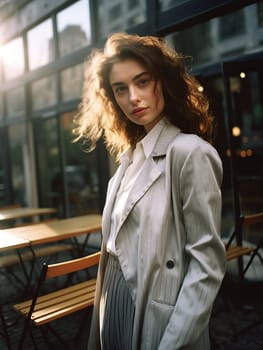 Young woman model in leather jacket on a sunny day in New York.