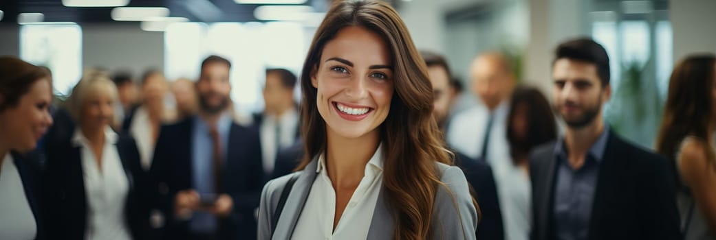 Smiling confident business leader looking at camera and standing in an office at team meeting. Portrait of confident businesswoman with colleagues in boardroom. Posing while holding digital tablet.