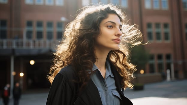 Young woman model in leather jacket on a sunny day in New York.