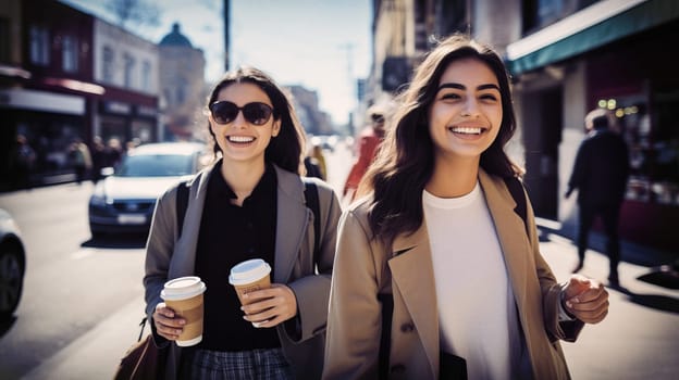 Young women enjoy coffee at a sunny day in New York