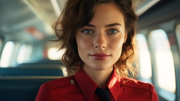 Young and pretty Stewardess with airplane interior in the background
