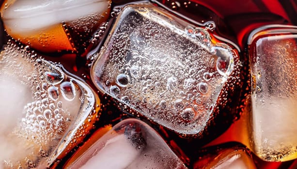 Cola in glass with ice from top. macro photo of a glass with Coca Cola and ice cubes top view