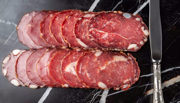 Horse sausage. Photo on a white background. Whole and sliced sausage. View from above. I