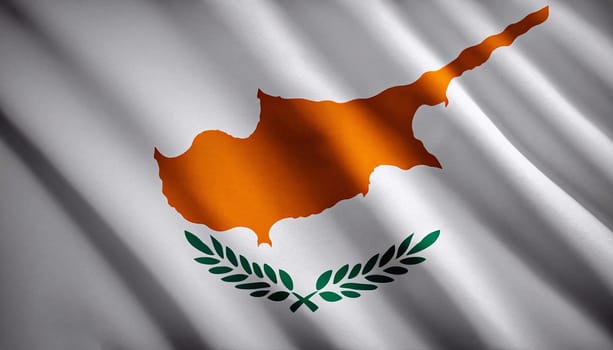Cyprus flag with big folds waving close up under the studio light indoors. The official symbols and colors in fabric banner