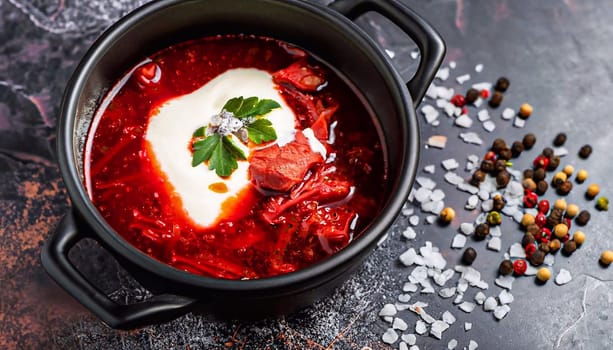 Traditional Ukrainian Russian borscht on a light background. Borscht with sour cream. Beetroot borscht with parsley. High quality photo