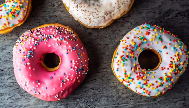 Donuts pattern. Top view. Colorful donuts with icing as background with copy space. Colorful glazed doughnuts with sprinkles.