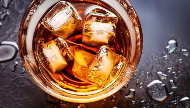Whiskey being poured into a crystal glass. Top view. Golden liquid pouring into a glass against white background. Copy space in right part of photo.