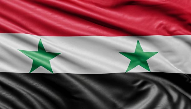 Ruffled Waving Flag of Syria. Syria flag with folds with visible satin texture