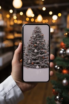 A hand holds a black smartphone with a Christmas tree on the screen on a Christmas background.Generative AI