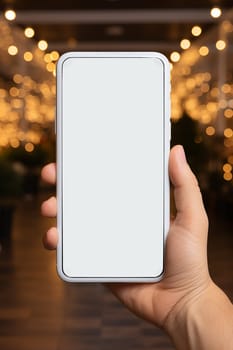 A hand holds a black smartphone with a blank screen on a Christmas background.copy space,mockup