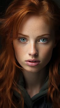 portrait of freckled redhead woman looking at camera, isolated on black. Generative AI