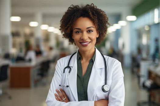 young smiling doctor in a robe and with a stethoscope in the clinic .Generative AI
