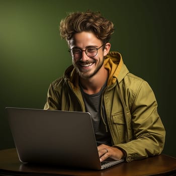 a young man in a green jacket with a laptop against the backdrop of a bright cafe interior or coworking space. Generative AI