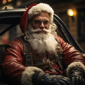 Santa Claus in a stylized retro car with embroidery and with ethnic elements on clothes. Generative AI
