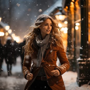portrait of a young woman running in winter in the city during snowfall. Generative AI