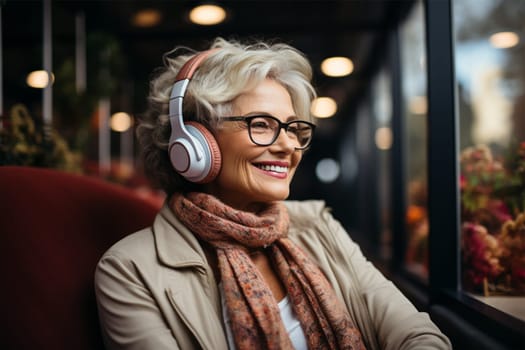 a beautiful and cheerful gray-haired woman in glasses, light clothes and headphones listens to music on the veranda or in the winter garden.Generative AI