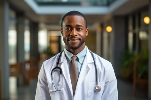 young smiling doctor in a robe and with a stethoscope in the clinic .Generative AI