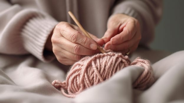 Hands of an elderly woman with balls of woolen yarn. Hobby, leisure concept. historical and modern crafts.Generative AI