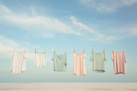 laundry day. laundry hanging on a line, surreal style in pastel colors. free space for text.Generative AI