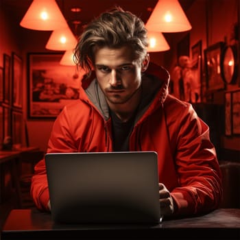 a young man in a red jacket with a laptop against the backdrop of a bright cafe interior. Generative AI