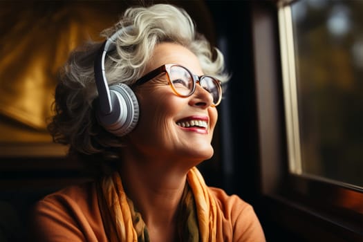 a beautiful and cheerful gray-haired woman in glasses, light clothes and headphones listens to music on the veranda or in the winter garden.Generative AI