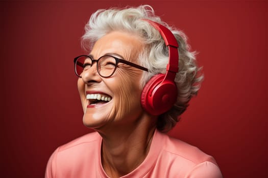 beautiful and cheerful gray-haired woman in bright clothes and red headphones, on a color background.Generative AI