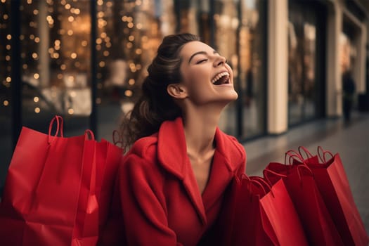 young woman with shopping bags in a store. the woman is glad and happy with the number of purchases and discounts.Generative AI