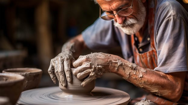 hands of a potter forming clay on a potter's wheel in action, creative process, making pottery, Heritage Craft. Generative AI