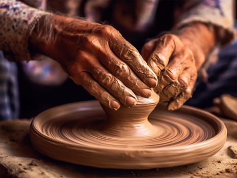 hands of a potter forming clay on a potter's wheel in action, creative process, making pottery, Heritage Craft. Generative AI