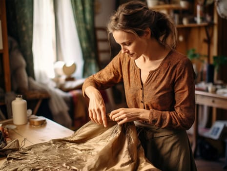Fashion designer business owner working on her design in the workshop. Small business.Generative AI
