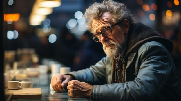 lonely gray-haired and sad old man sitting in a bar on a blurred background. loneliness concept.Generative AI