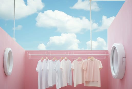 laundry day. laundry hanging on a line, surreal style in pastel colors. free space for text.Generative AI