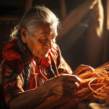 A craftswoman in ethnic clothing prepares bamboo and straw for weaving items and baskets. historical and modern crafts.Generative AI