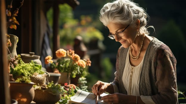 Beautiful smiling grey-haired elderly woman 60-70 years old working on seedlings.Generative AI