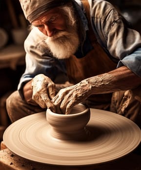 hands of a potter forming clay on a potter's wheel in action, creative process, making pottery, Heritage Craft. Generative AI