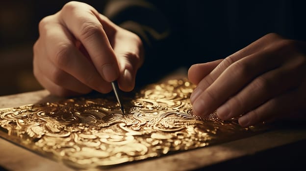 close-up of the hands of a master making an ethnic folk design with embossing on metal. historical and national crafts. Generative AI