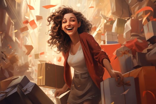 young woman with shopping bags in a store. the woman is glad and happy with the number of purchases and discounts.Generative AI