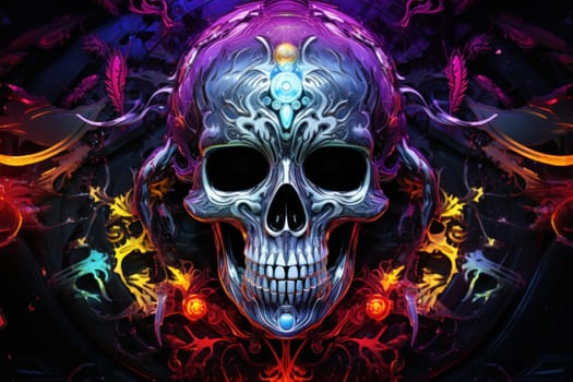 Skull in a blue neon glow. Halloween concept. Generative AI